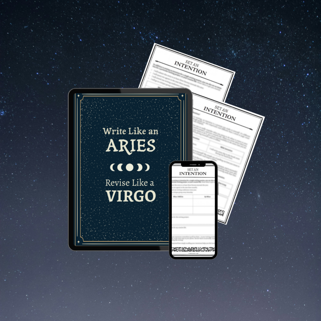 An iPad shows the Write Like an Aries, Revise Like a Virgo screen. Two papers poking out behind show the "Set an Intention" printable, and a cell phone at the front shows the same.